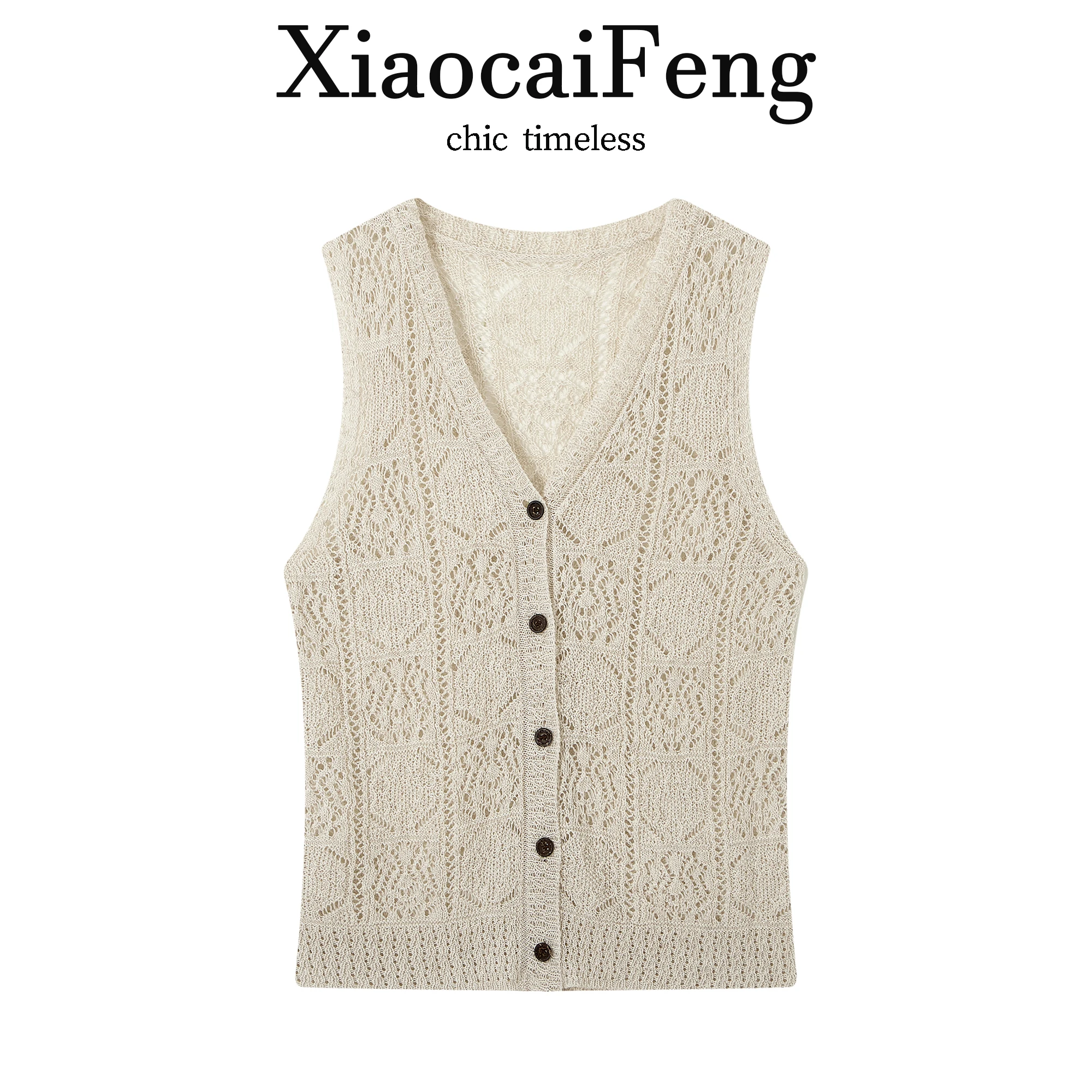 Lacy Hollow out V-Neck Knitted Vest Cardigan Women's Summer Lazy Style Single Button Thin Top A-Line Narrow Strap Vest
