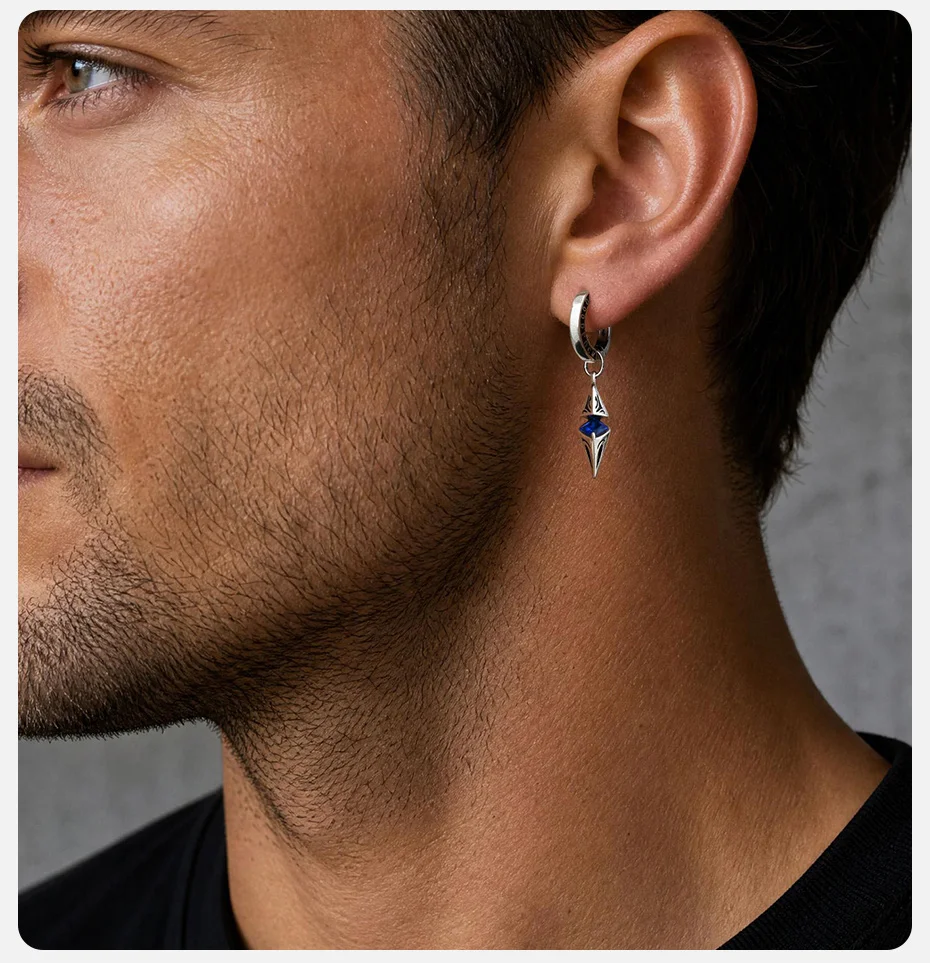 Vnox Herren Spike Dangle Huggie Hoop Ohrringe, Edelstahl Blauer Kristall Glücksbringer Kegel-Anhänger Ohrschmuck für Punk Männer Geschenk – Detail 3