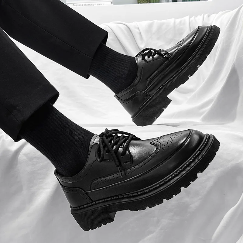 

Men's Casual Leather Shoes Spring Business Formal Thick Bottom Heightening Black Soft Bottom Large Head Boots