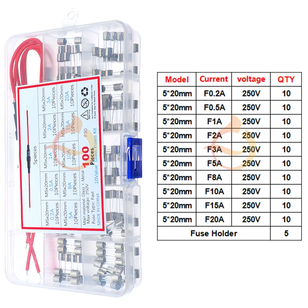 100pcs 5x20mm Quick Blow Glass Tube Fuse 5pcs Fuse Holder Screw Type with 16AWG Wire Assorted Kit 10Value Each 10pcs