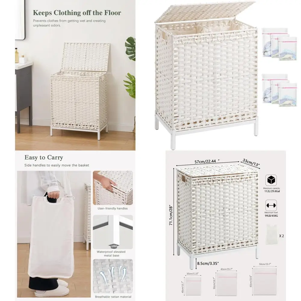 

112L Handwoven Rattan Laundry Basket with Lid, 2 Removable Liners, Metal Feet, 6 Mesh Bags, 2-Section Hamper for Home Use, White