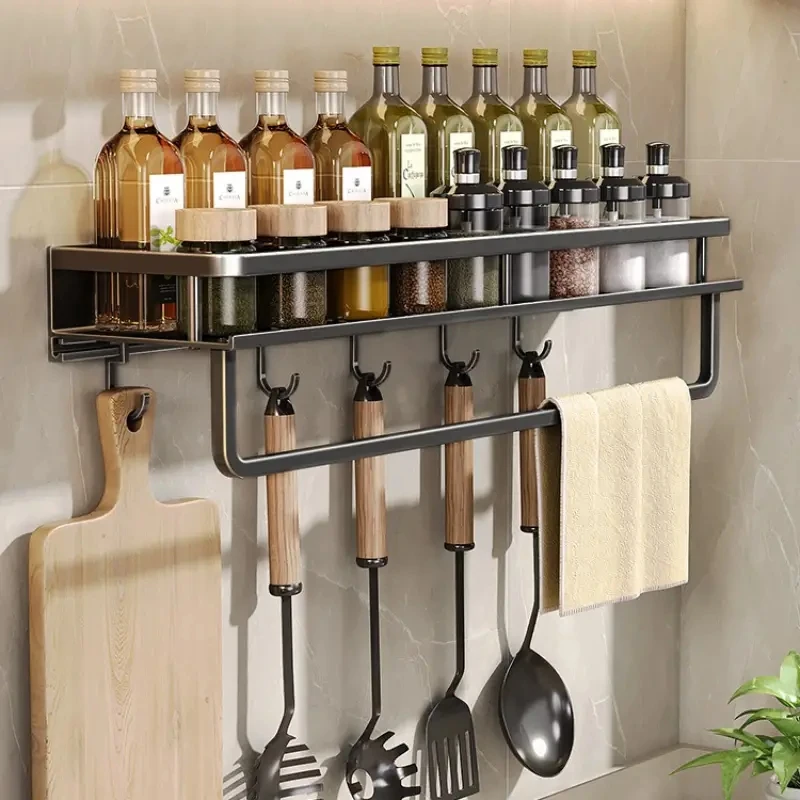 Kitchen Shelf Spice Storage Rack Wall-mounted Kitchen Spatula Spoon Hook Towel Bar Suitable Kitchen And Bathroom Item Storage