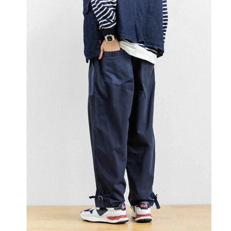 Japanese Style Personalized Color Block Splicing Elastic Waist Loose Men's and Women's Bamboo Cotton Casual Pants Trendy