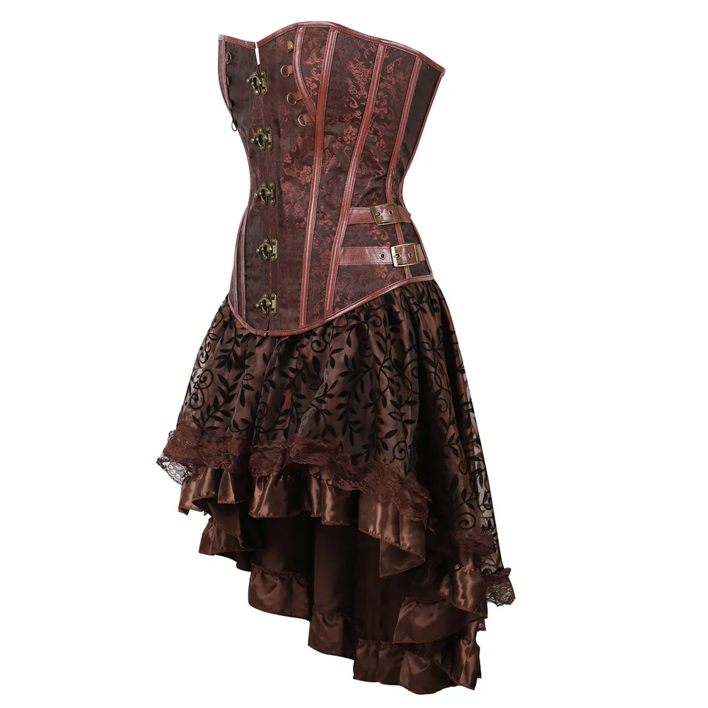 Steampunk Corset Bustier Dresses Skirt Set Burlesque Basques Women Plus Size Vintage Lingerie Pirate Brown