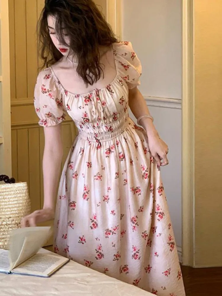 Women Vintage Sweet Lace-up Boho Dress Summer Fashion Casual Print Short Sleeve Square Neck Floral Corset Long Dresses Vestidos