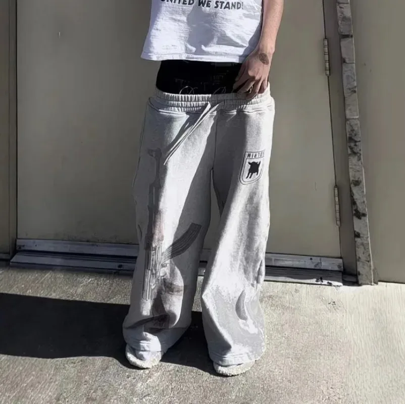 Y2K الرجال السراويل الأمريكية Harajuku مزدوجة مطرزة رسالة الخصر Sweatpants القوطي الهيب هوب الرجال النساء موضة عادية واسعة الساق الجينز