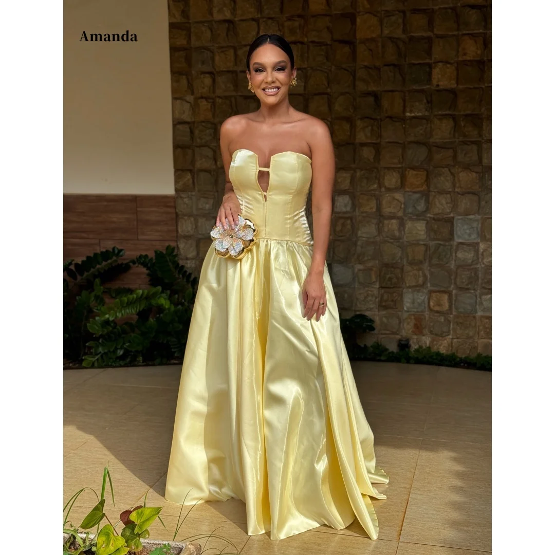 

Amanda Customized Lemon Yellow Strapless Prom Dress with Satin Corset Bodice, Keyhole Detail and Voluminous Ball Gown Skirt
