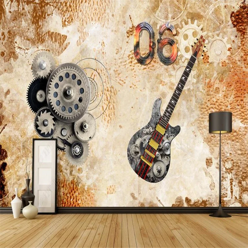 

Music Retro Guitar Gear Custom Wallpaper Mural Cafe Bar KTV Industrial Decor 3D Photo Wall Paper Self Adhesive Contact Paper