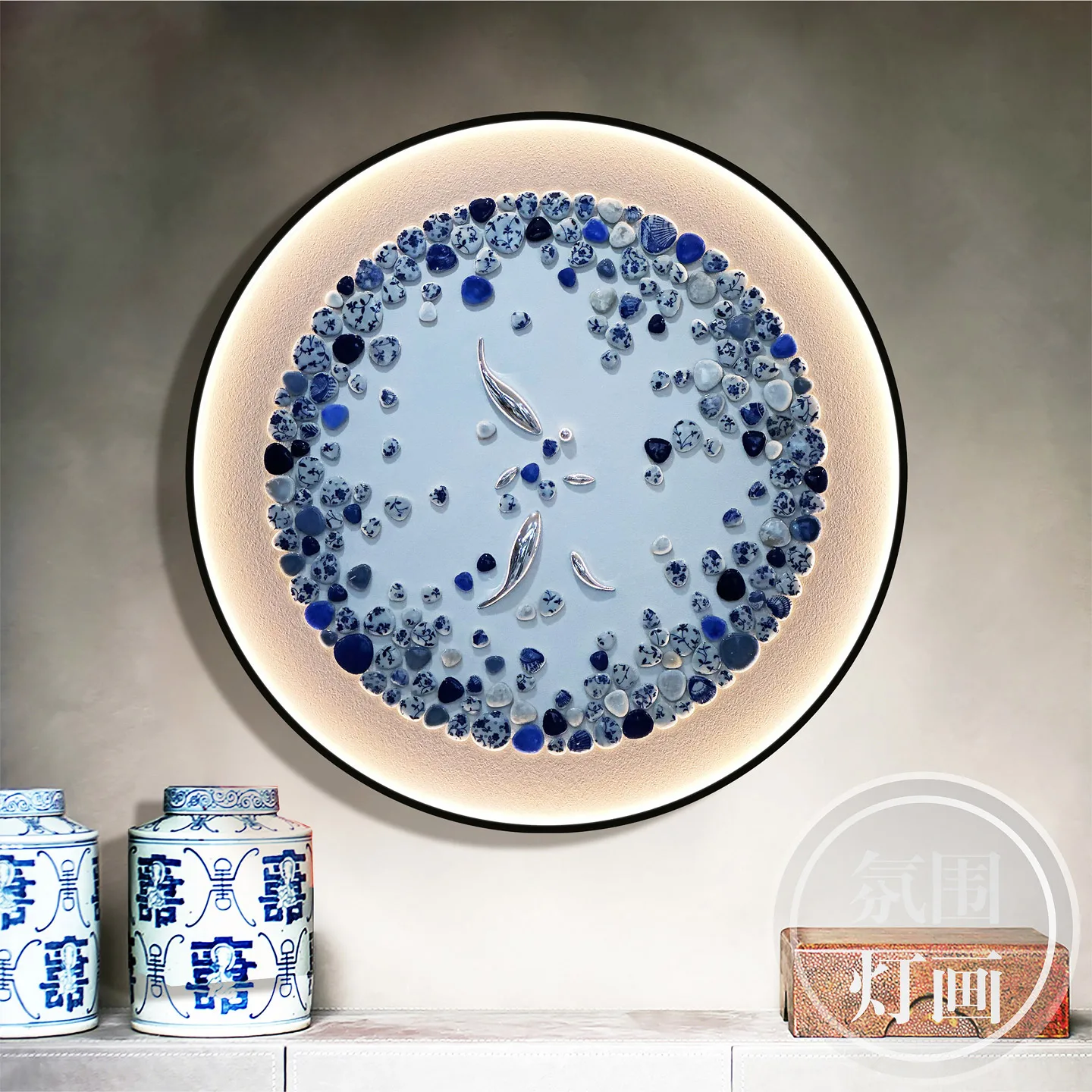 Blue and white porcelain entrance living room decorative painting with sensor light 3D three-dimensional relief corridor aisle r