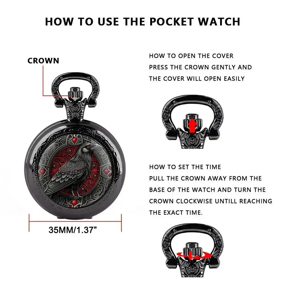 Gothic Style Raven Pocket Watch Retro Black Quartz Pocket Watch Necklace Chain Antique Crow Theme Collectible Souvenir Gift
