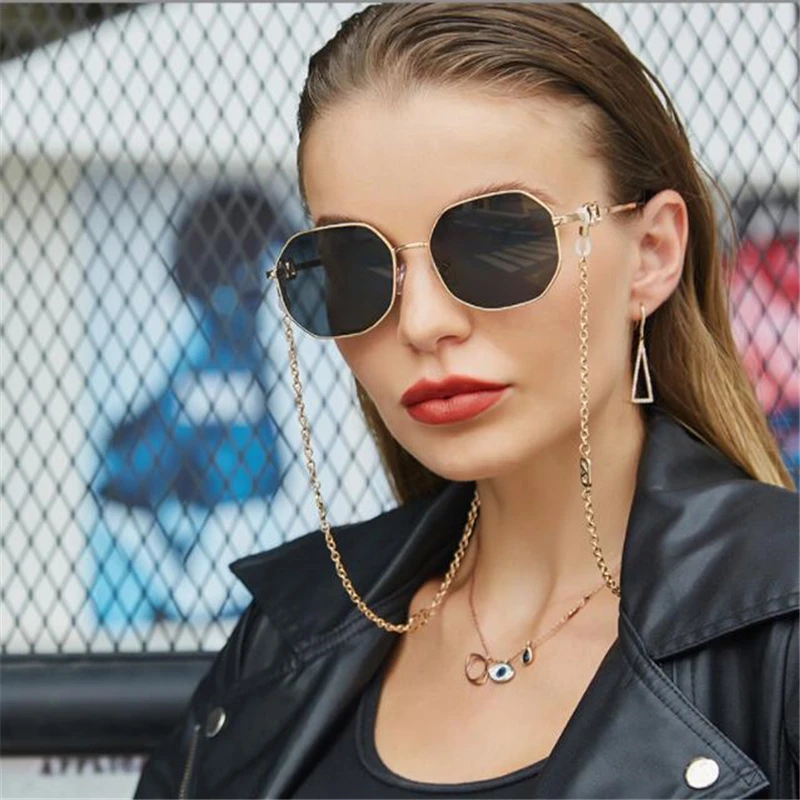 

KAPELUS Anti drop chain lanyard irregular sunglasses woman Metallic hexagonal luxury glasses Luxury necklace sunshade mirror