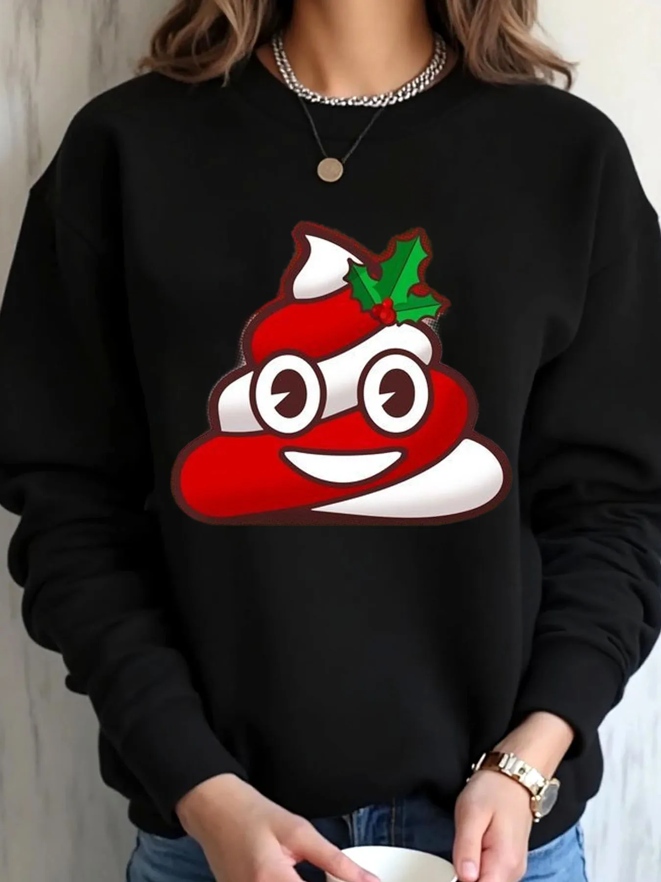 

Женская толстовка большого размера с принтом рождественских какашек и эмодзи, уличная одежда