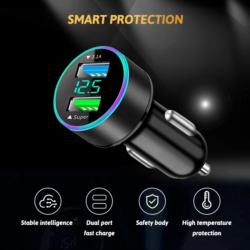 66W USB Car Charger Dual Ports 3.0 Fast Charging For iPhone 13 12 11 Huawei Xiaomi With Universal LED Display