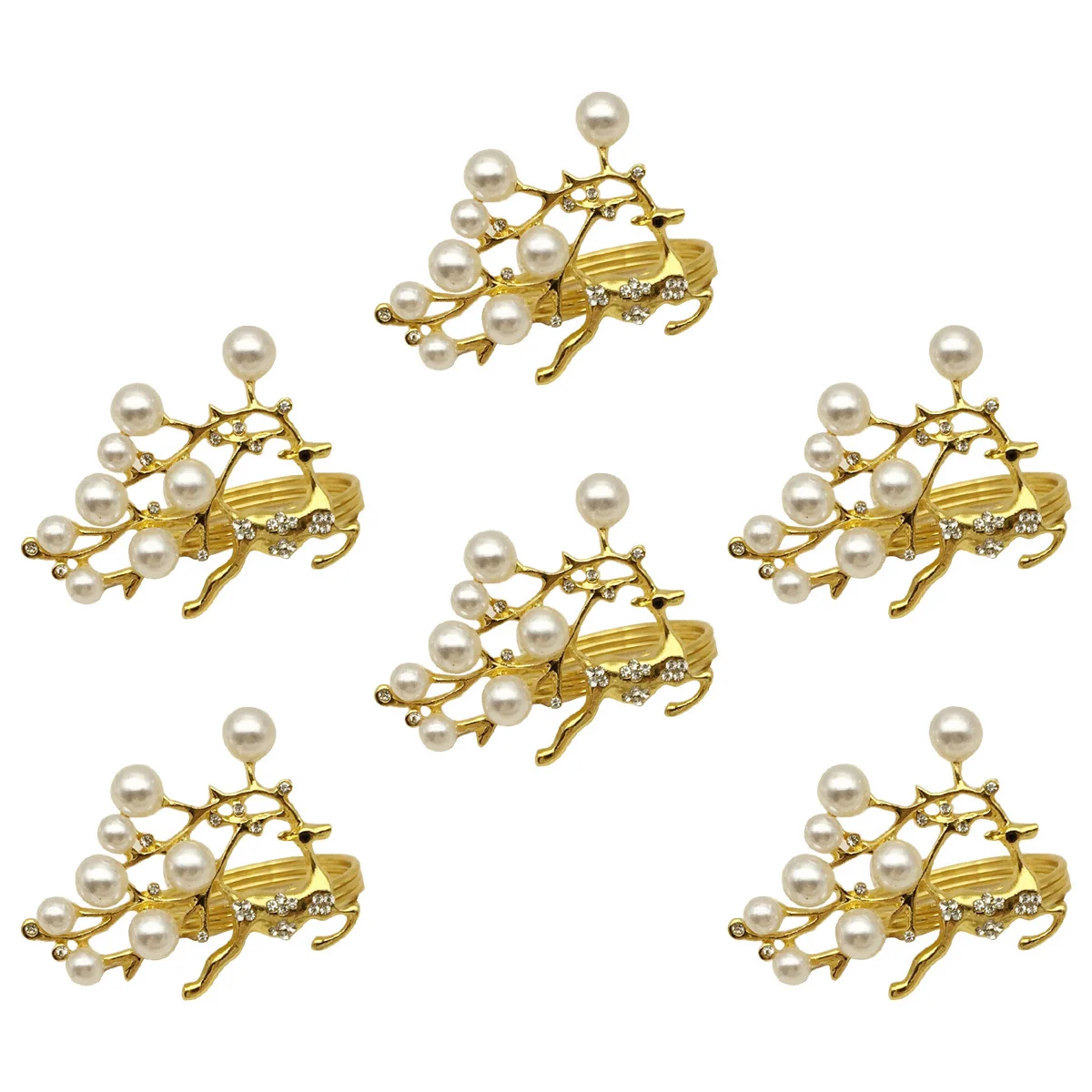 

6Pcs Golden Elk Napkin Rings Rhinestones Pearl Christmas Dinner Table Setting Elegant Party Decoration Christmas Napkin Ring
