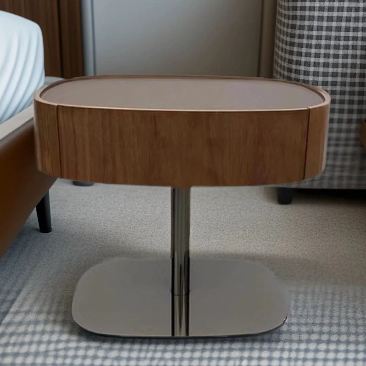 Italian minimalist walnut bedside table solid wood saddle leather modern bedside table designer medieval style small side table