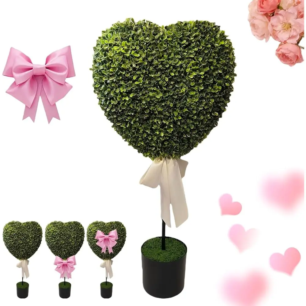 

Outdoor Heart-Shaped Topiary Trees with Bow Tie, Artificial Boxwood for Valentine's Day Decor or Porch