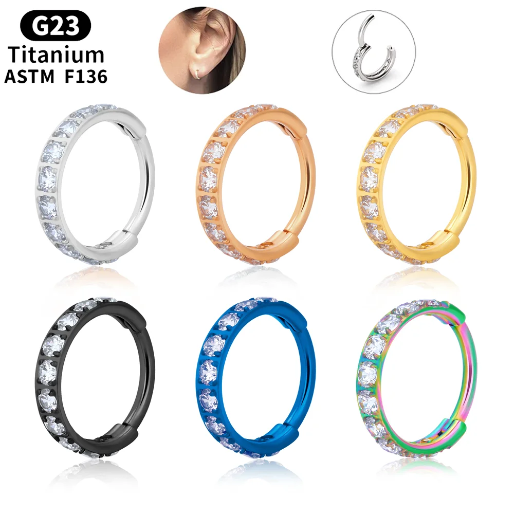 

G23 Titanium Piercing Nose Ring Side Inlay CZ Classic Round Earring Hoop Hinged Segment Ear Tragus Cartilage Septum Body Jewelry