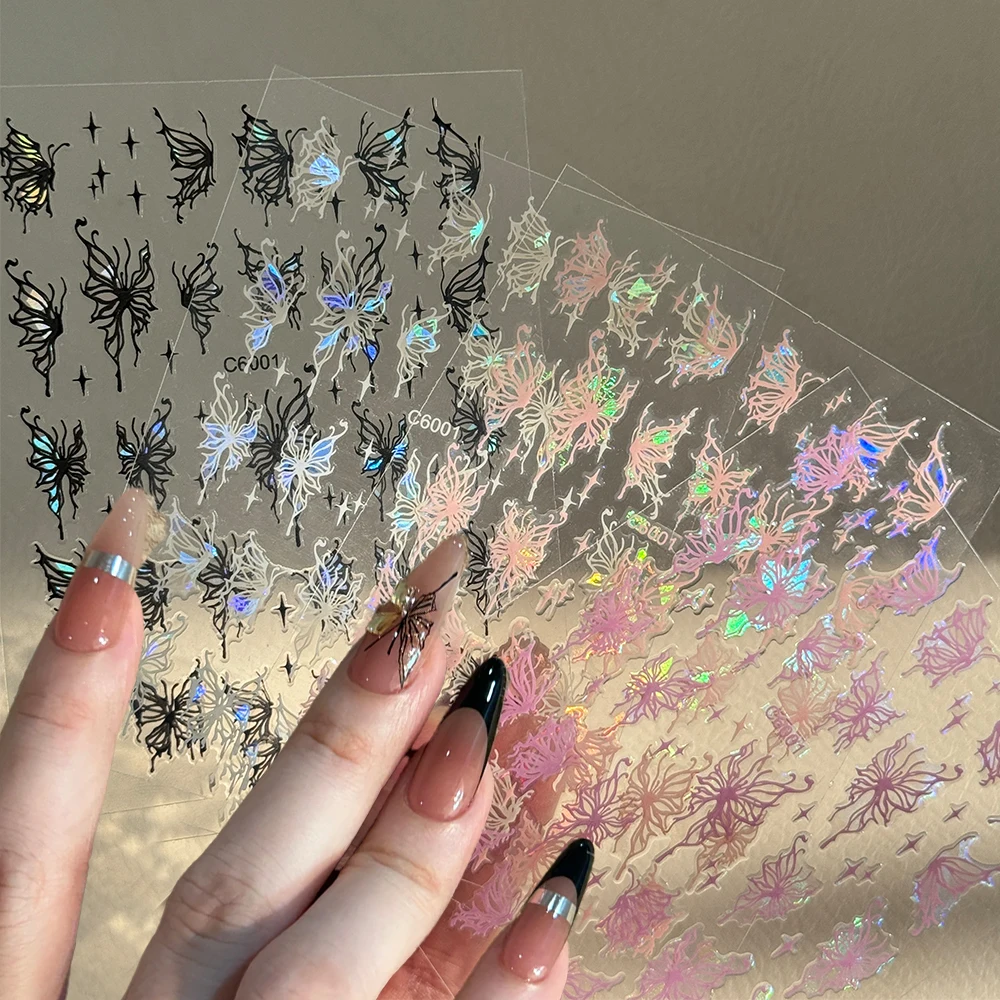 3D 妖精蝶オーロラネイルステッカー Y2k ブラック/ホワイト/ピンク/パープルホログラフィック効果蝶ネイルデカール DIY マニキュアデコ