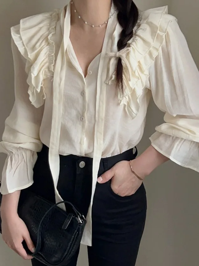 

Ele V-ne Bell Sve irt Loose Thin Chic Gown Lace Trim Splice Long Sve Spring Summer Autumn Faion Women's Top