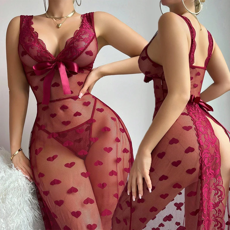 

Женская ночная рубашка винно-красного цвета с принтом сердца, сексуальный ночной наряд, длинное платье с разрезом сзади, кружевная ночная рубашка с v-образным вырезом, ночная рубашка с бантом, подтяжки, пижамное платье