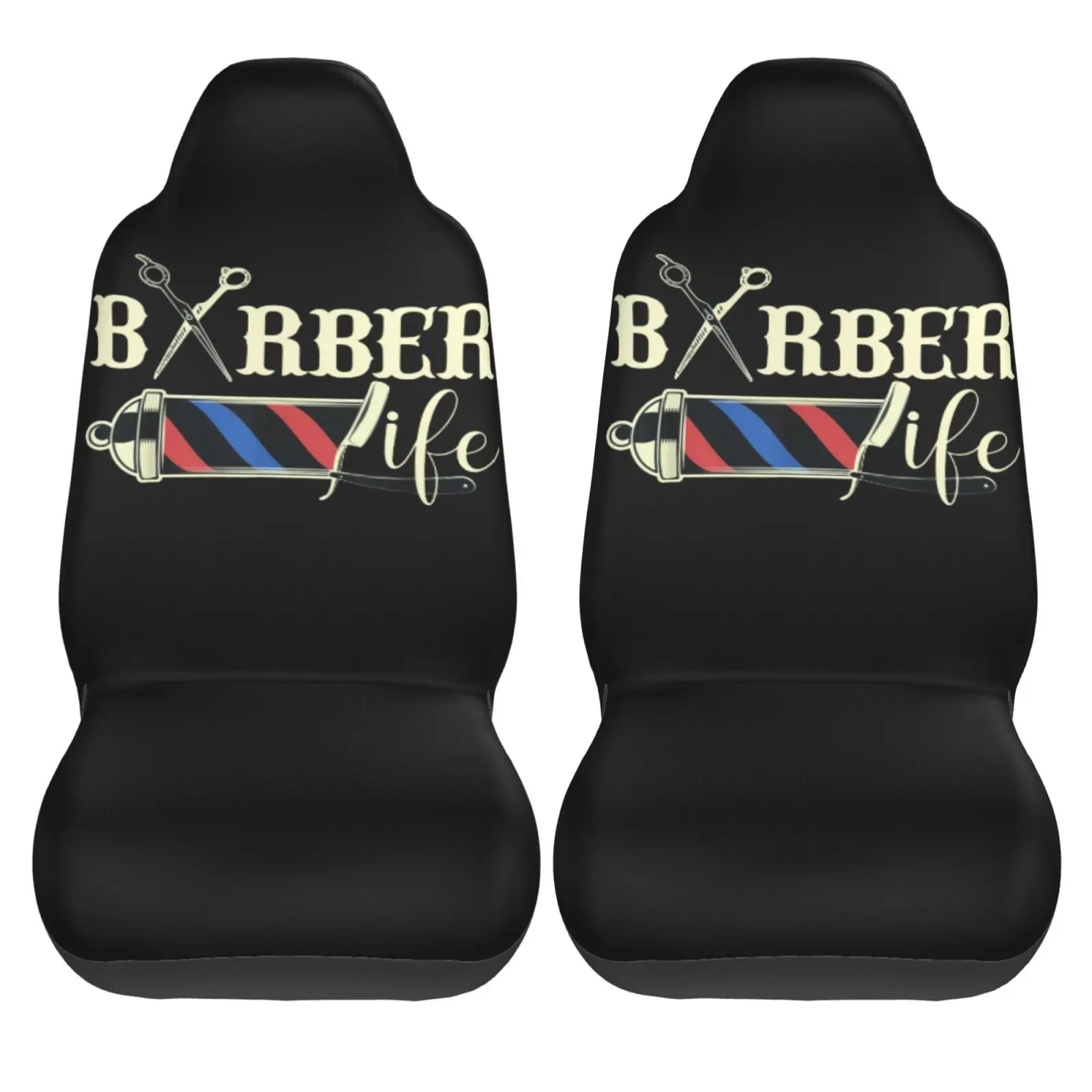 Barber Life Pole Scissors Blade Vintage Shop Car Seat Cover 2pcs Printing Universal Front Protector Accessories Cushion Set