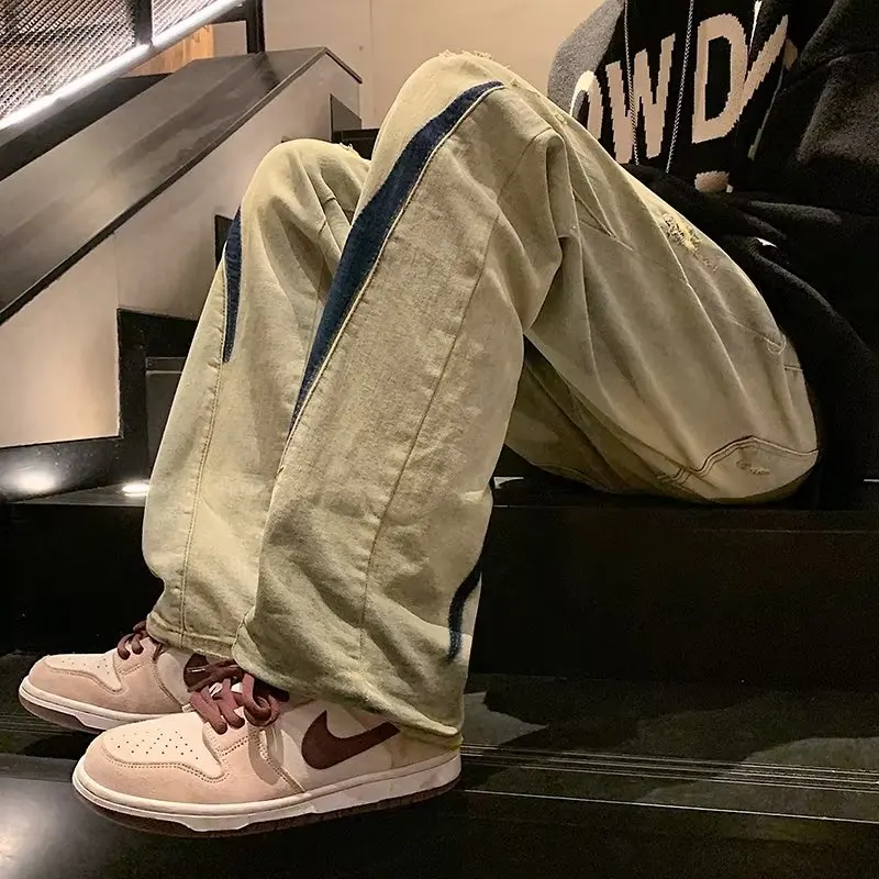 

Свободные мужские джинсы в американском стиле, прямые брюки в стиле ретро, повседневные длинные брюки, износостойкие микроэластичные джинсовые джинсы