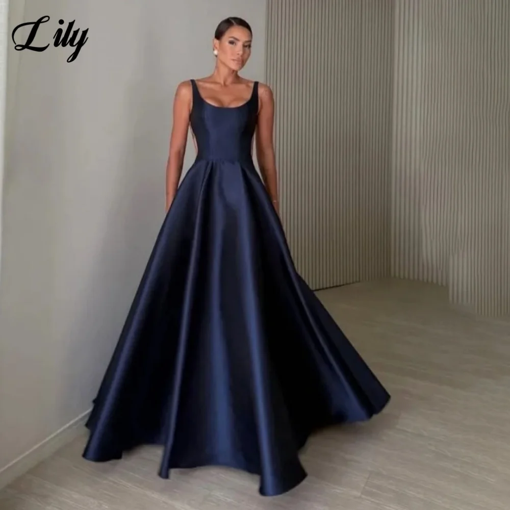 Lily – robe de bal dos nu en Satin bleu marine, bretelles Spaghetti, ligne a plissée, robe de soirée personnalisée