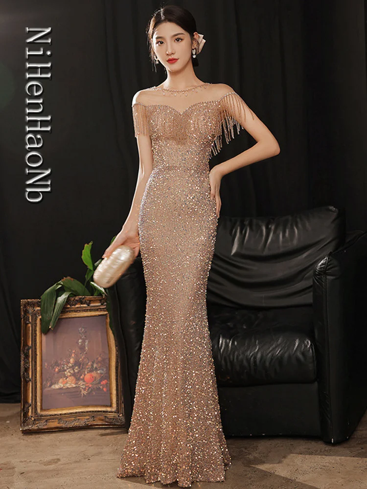 

Champagne Sequined Luxury Long Lady Girl Women Princess Banquet Party Ball Performance Prom Dress Performance Gown