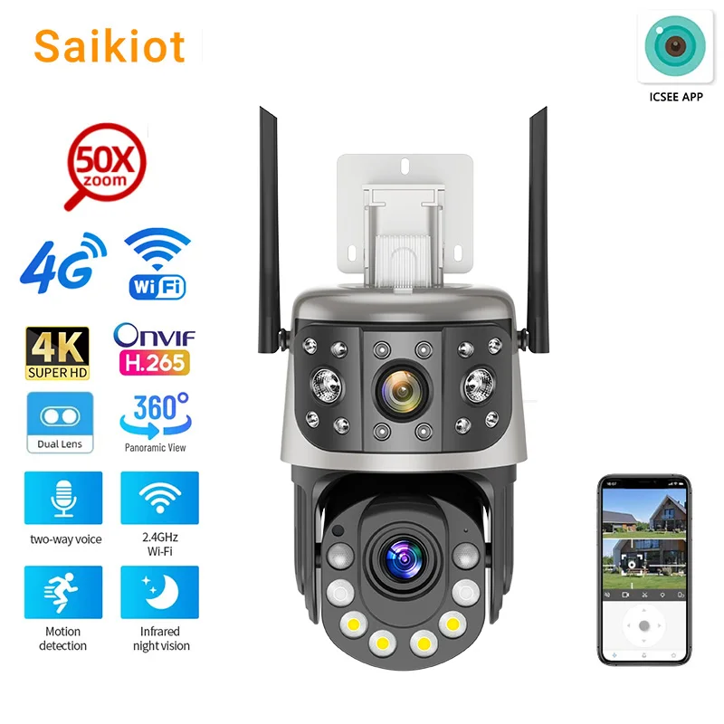 Saikiot ICSEE 4K On-vif Dual Lens WIFI 4G 50X Zoom CCTV Security Camera Outdoor Waterproof Two Way Audio 4G SIM Card PTZ Camera