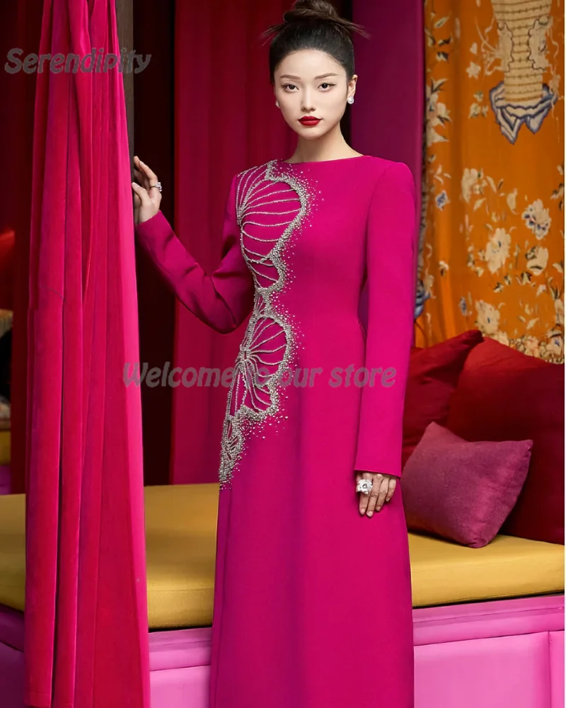 Serendipity Straight فساتين السهرة Long Evening Dress 2024 New Hot O-Neck Elegant Crystal Full Sleeve Party Gown For Sexy Women