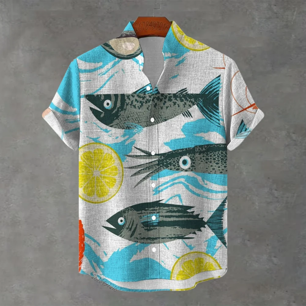 New men's stand-up collar short-sleeved shirt with ocean-themed print of fish, lemon, and waves, loose-fitting casual shirt.
