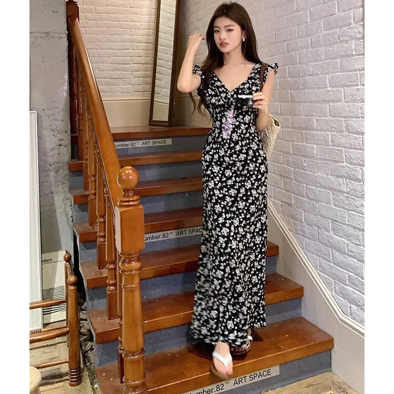 2024 neue Sommer Dame Schwarz Floral Chiffon Rüschen Kleid Frauen Elegante Strand Urlaub Kleid Mädchen Chic Koreanische Mode Kleid