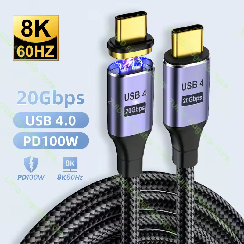 כבל מגנטי USB4.0 במהירות 20Gbps PD 100W 5A טעינה מהירה USB סוג C לסוג C 8K@60Hz כבל נתונים Thunderbolt 3 עבור Macbook Pro באורך 2 מטר