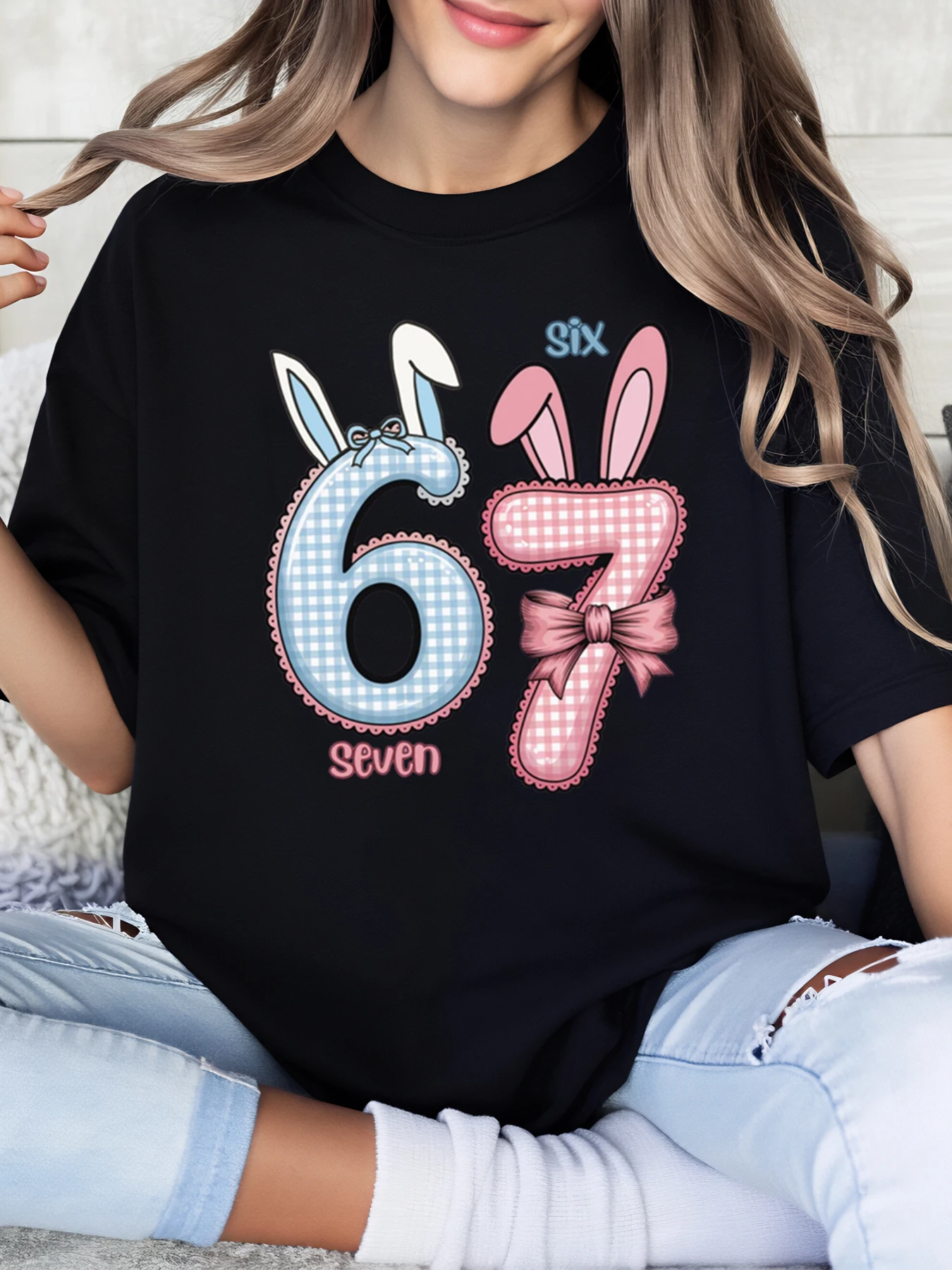 

Bunny Ears Numbers Six Seven Easter Design T-Shirt Women Casual Outfit Spring Celebration Black Plus-Size