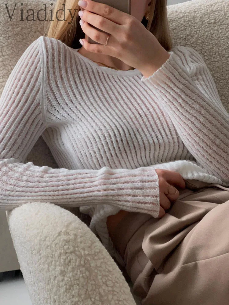 

Женский сексуальный однотонный прозрачный пуловер с длинными рукавами и лентой