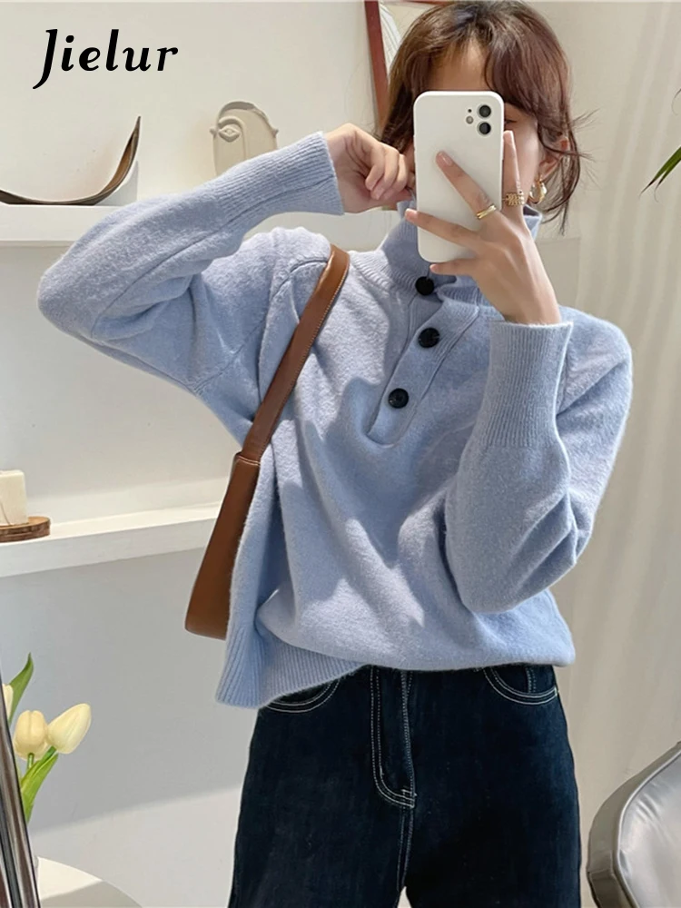 

Jielur Turtleneck Autumn Winter Sweater Women Preppy New Elegant Thick Warm Knitted Pullover Loose Soft Basic Knitwear Jumper