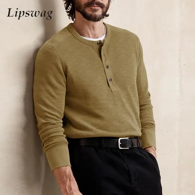 

Casual Slim Fit Long Sleeve Mens T Shirts Vintage Henley Collar Buttoned Tops For Men Autumn Fashion Solid Color Pullover Tees