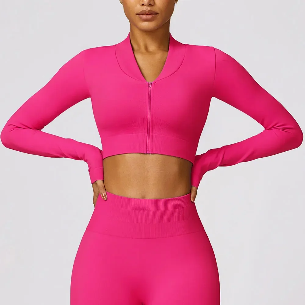 

Women's Long Sleeve Top Ribbed Yoga Shirts Zipper Running T-Shirt Sexy Workout Running Fitness Gym Sports Top Training Crop Top