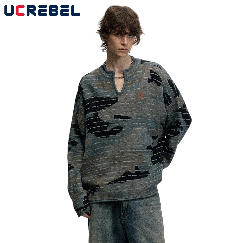 Camouflage Knitted Sweater Mens Jacquard High Street Autumn Winter V-neck Loose Long Sleeve Pullover Men