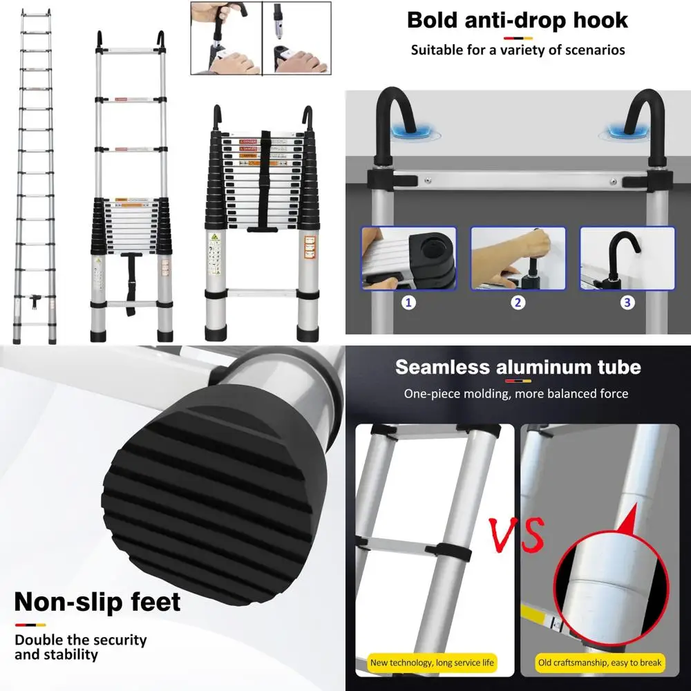 Aluminum Telescoping Ladder with Roof Hooks, 14FT Extension, Portable Collapsible, Detachable for Attic, RV, and Multi-Purpose U