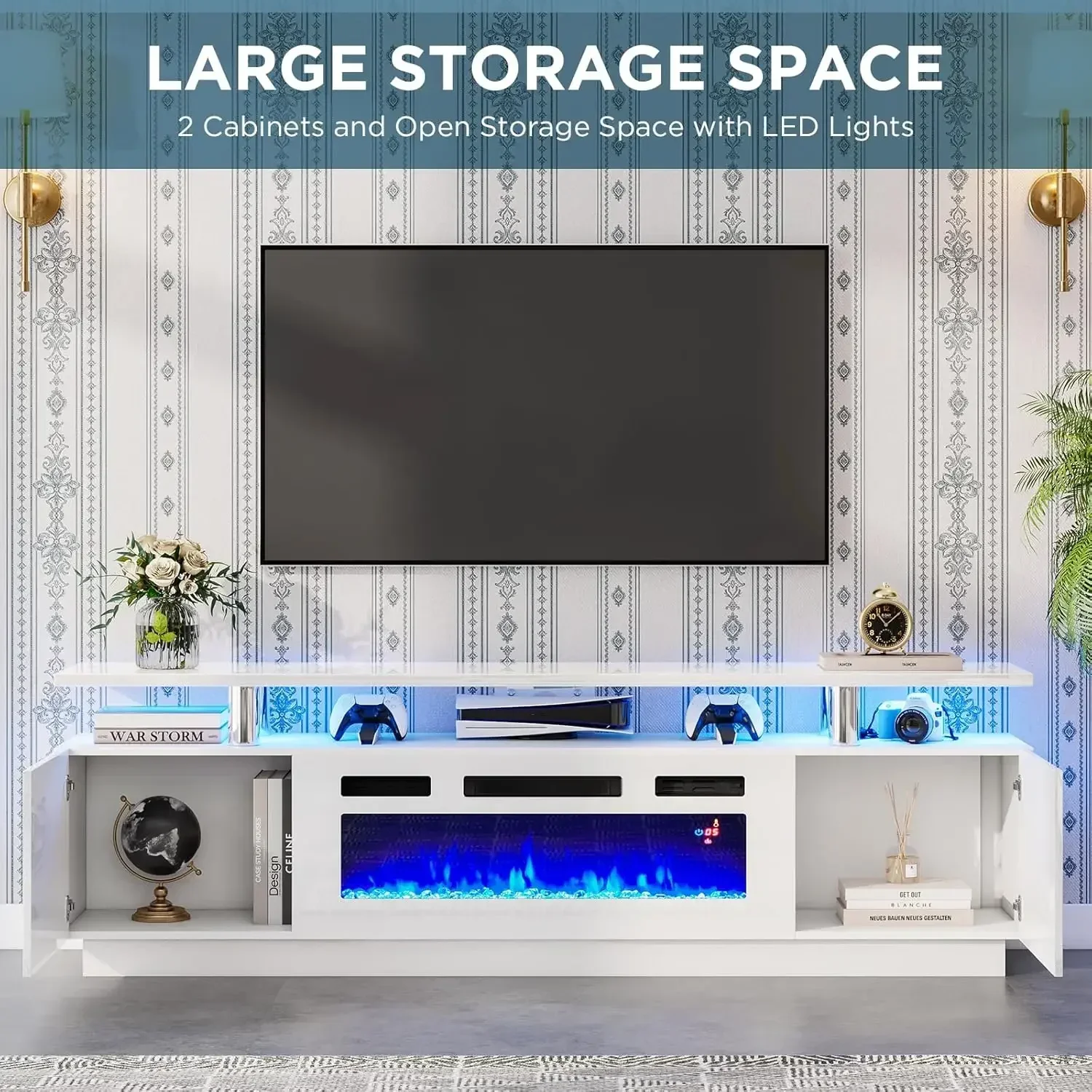 Modern Fireplace TV Stand with 36" Electric Fireplace High Gloss Finish Media Console with Open Storage LED Lights Entertainment