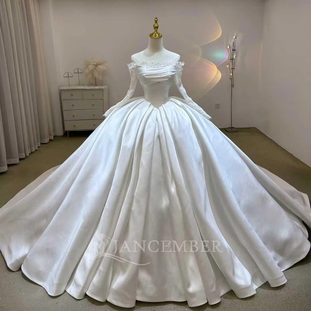 Abiti da sposa a maniche lunghe semplici personalizzati con abito da ballo per la sposa 2026 3 in 1 Promozione in raso Cappella Train robe de mariée