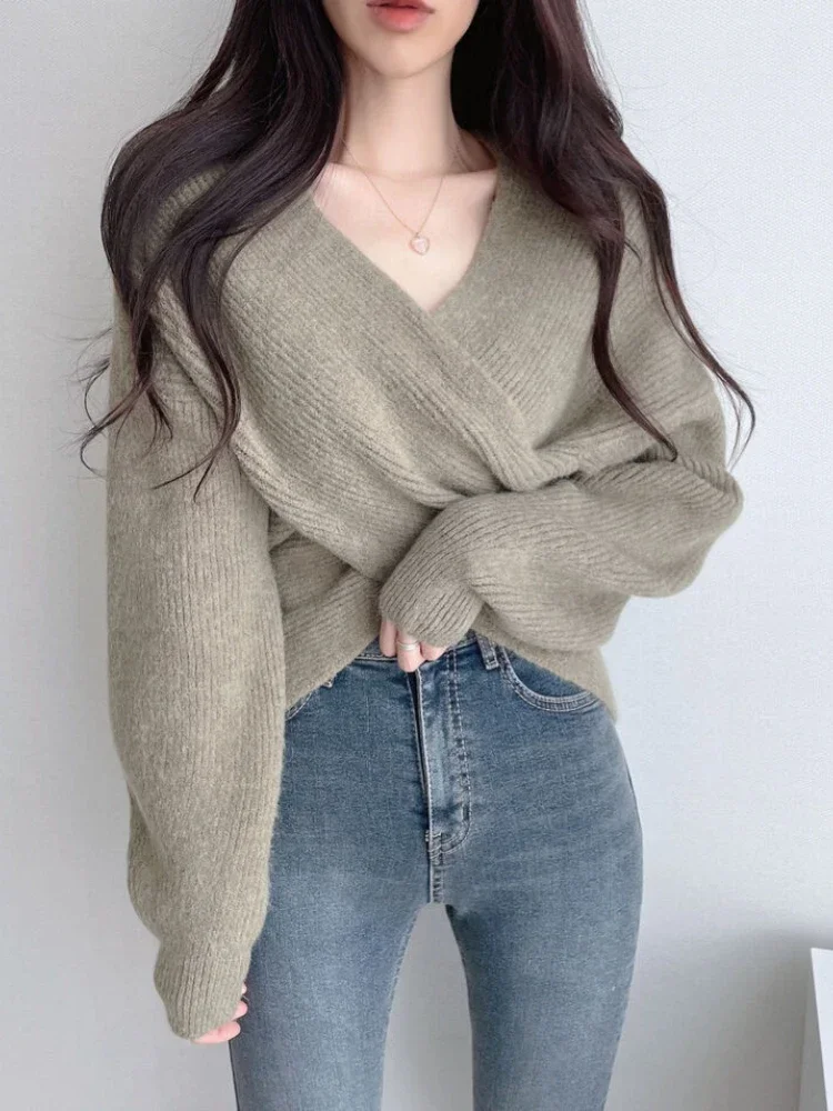 OCEANLOVE Autumn Winter Women Sweaters V Neck Cross Short Vintage Pull Femme Korean Fashion Elegant All Match Pullovers