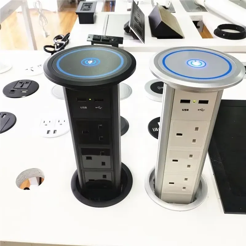 Black White Pop Up Socket with Wireless Charger Waterproof Hidden UK Power Outlet for Kitchen Countertop Electric Counter