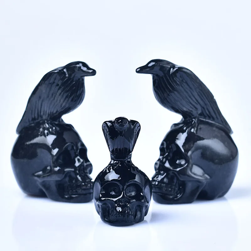 Raven Skull Statue Halloween Decor Natural Obsidian Creative For Garden Raven On Skull Bird Crow Sculpture Bird Perching Gift1pc