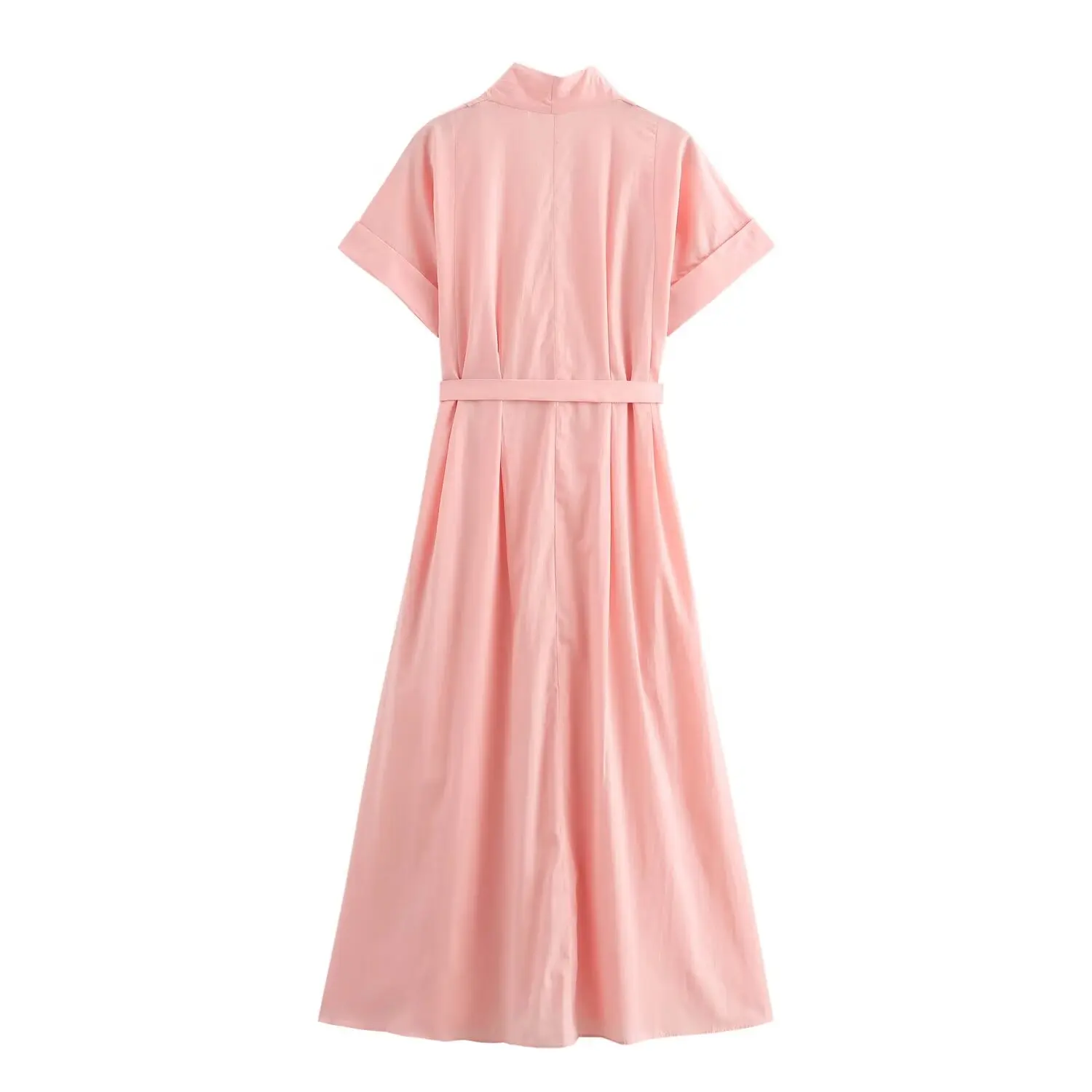 Tangada 2024 Summer Women Solid Pink Pleated Dress With Belt Short Sleeve Ladies Cotton Midi Dress 6X0395