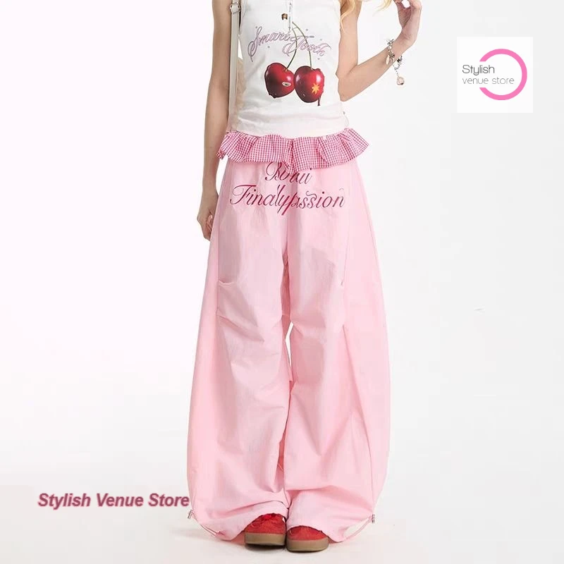 American retro dopamine plaid lace wide-leg pants women's summer new fashion design light and quick-drying overalls pants