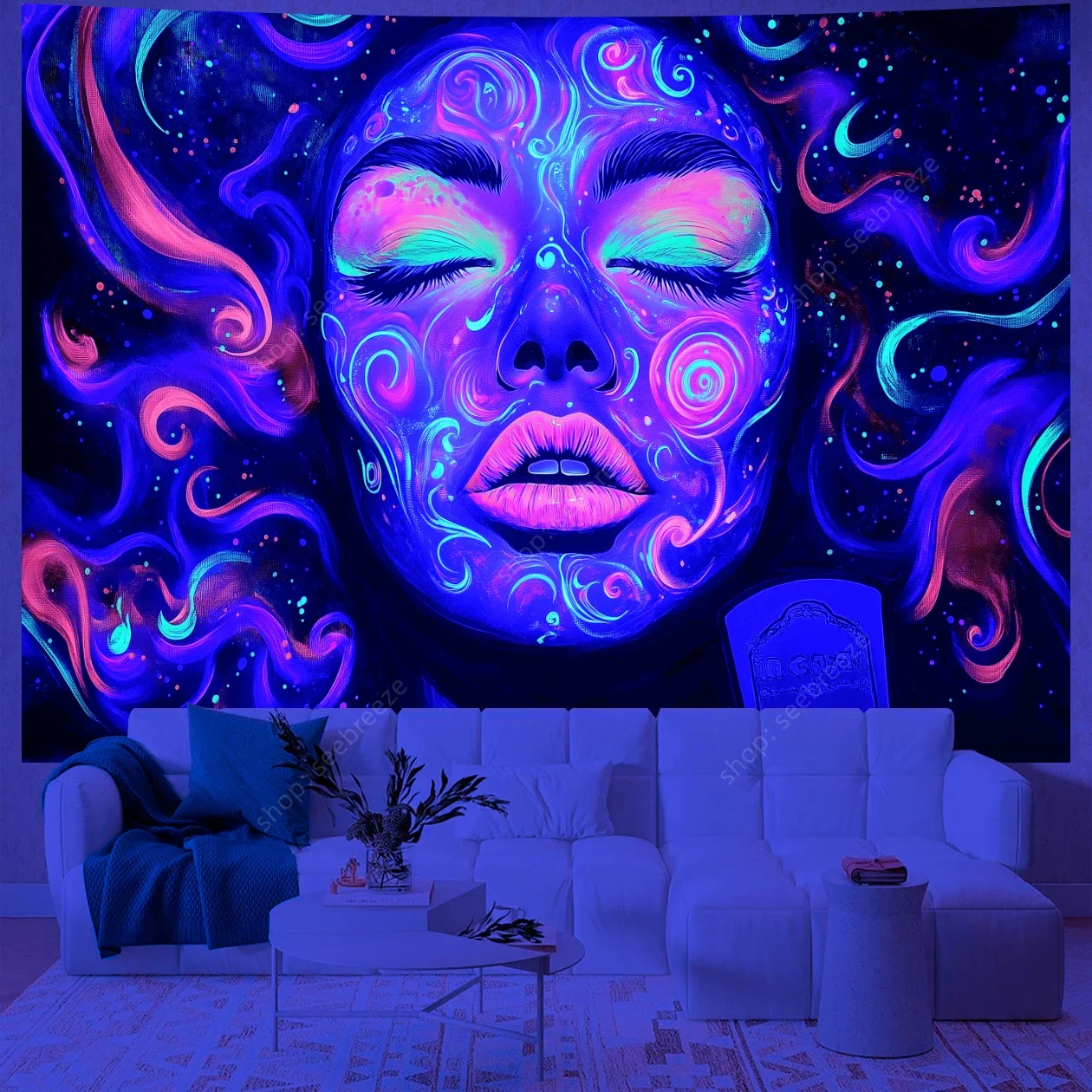 Psychedelic Mystic Face UV Reactive Tapestry Neon Abstract Wall Art Vibrant Hues Dark Background Bedroom Living Room Decor