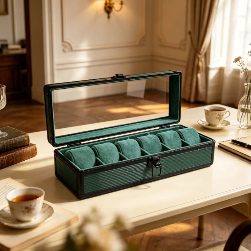 Aluminum Watch Box for Men, Green Luxury Transparent Display Case, Travel Storage Organizer with Large Tray, Perfect Gift