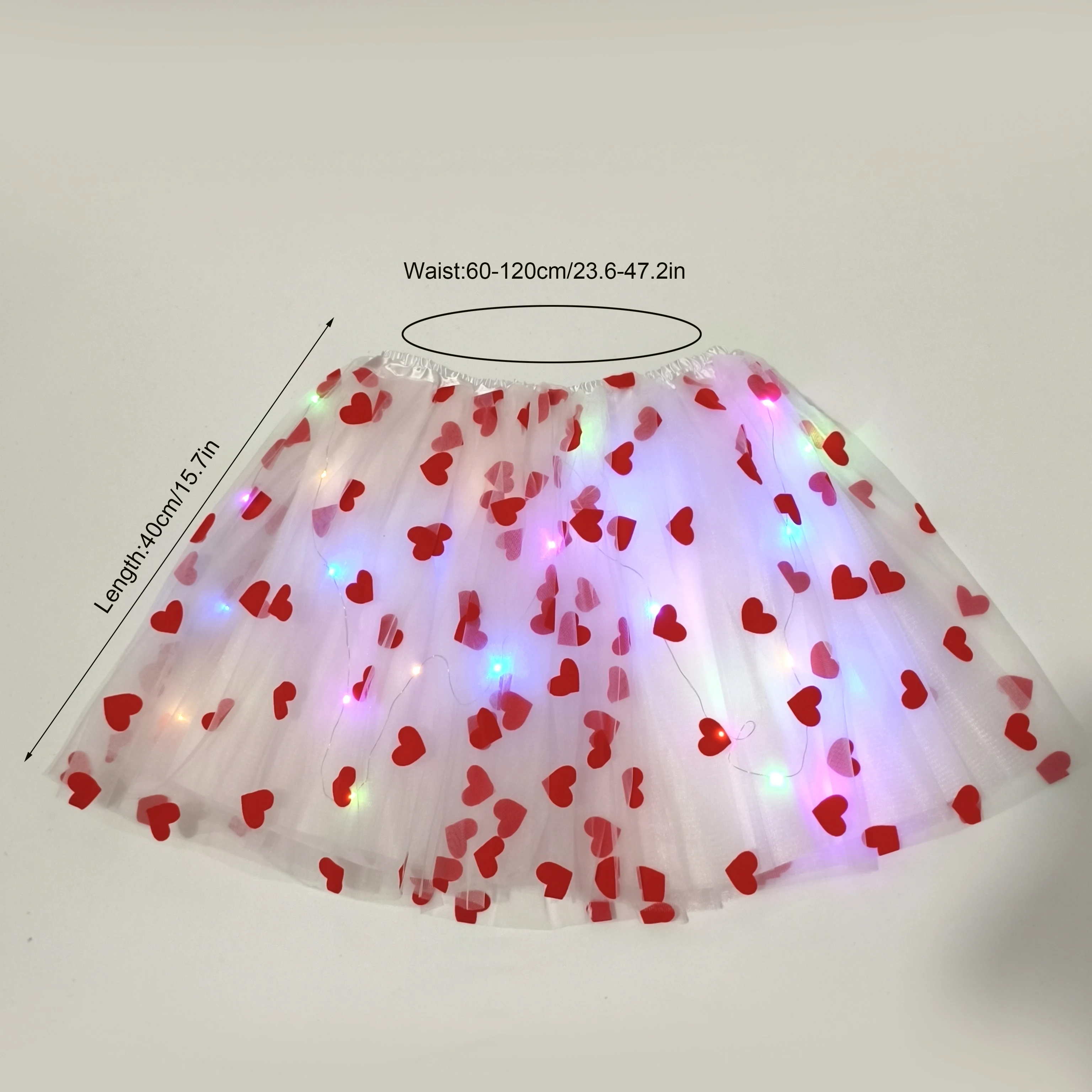 Valentine's Day Heart-Shaped Glowing Tulle Skirt LED Lighted Mesh Half-Length Short Skirt for Party Performance Outfit Atmospher